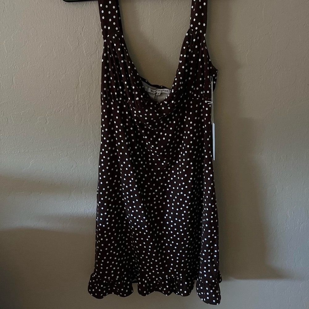 Reformation Chocolate Dress with White Dots